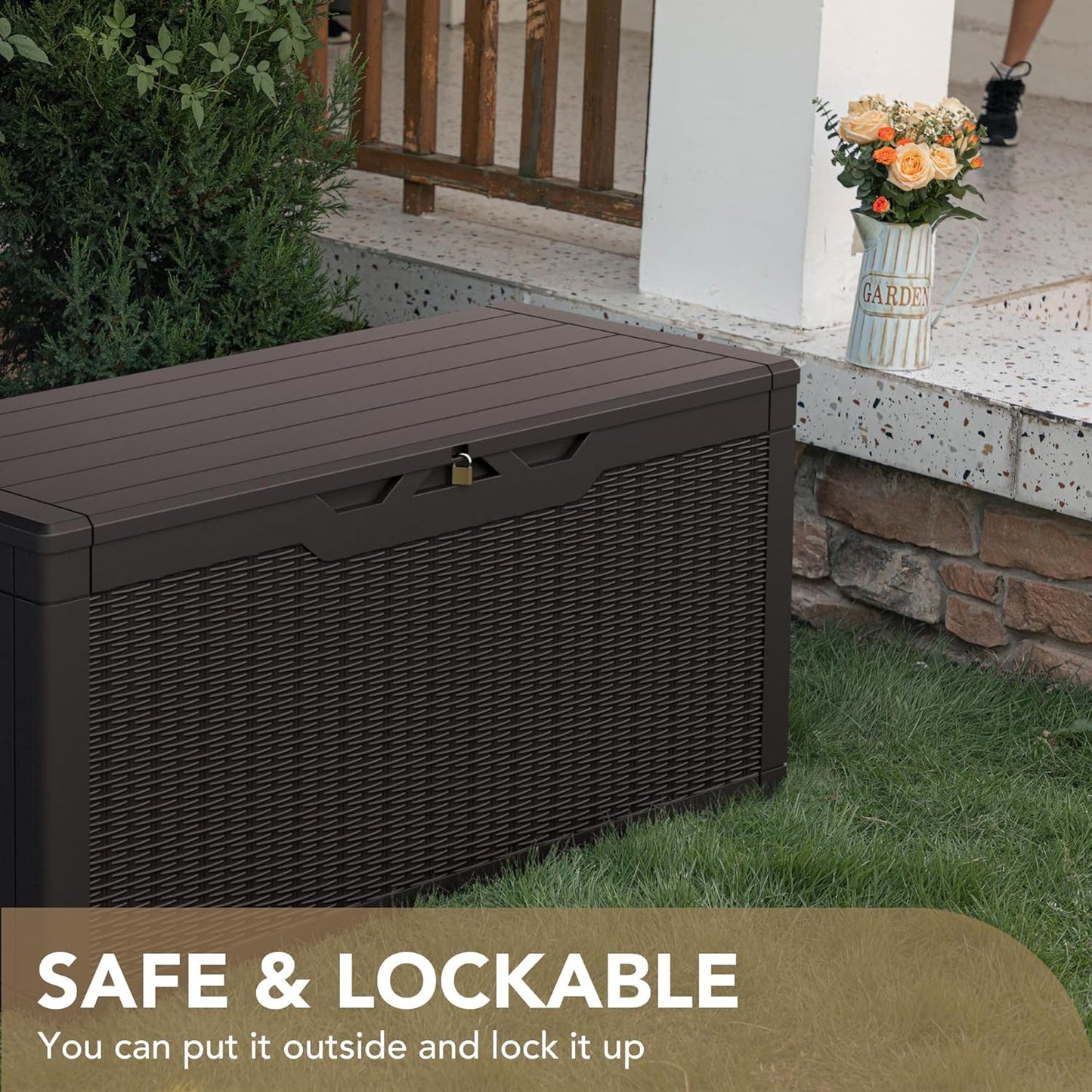 100 Gallon Large Resin Deck Box Waterproof Lockable Outdoor Storage Black