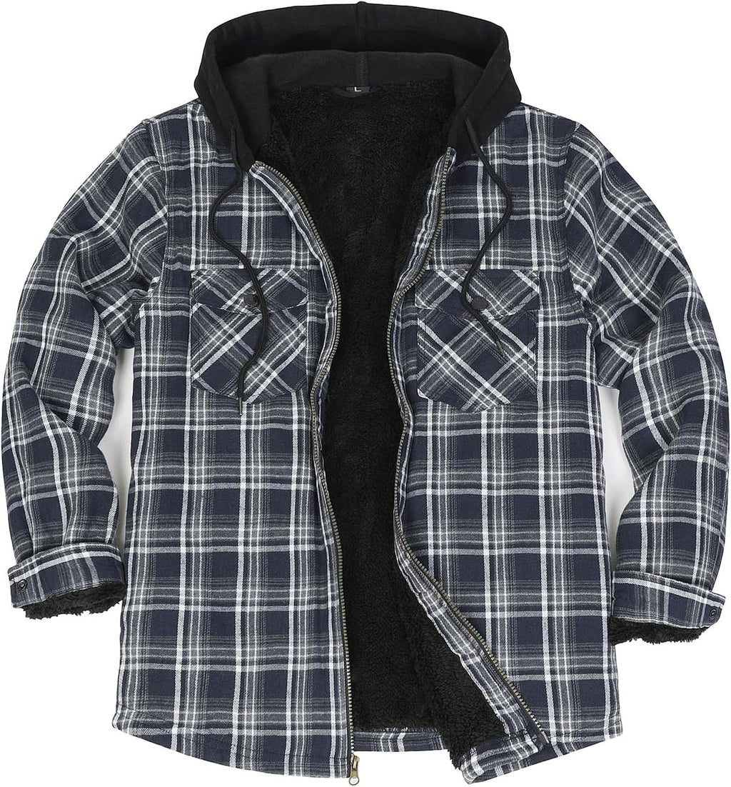 Men's Sherpa Lined Full Zip Hooded Plaid Shirt Jacket