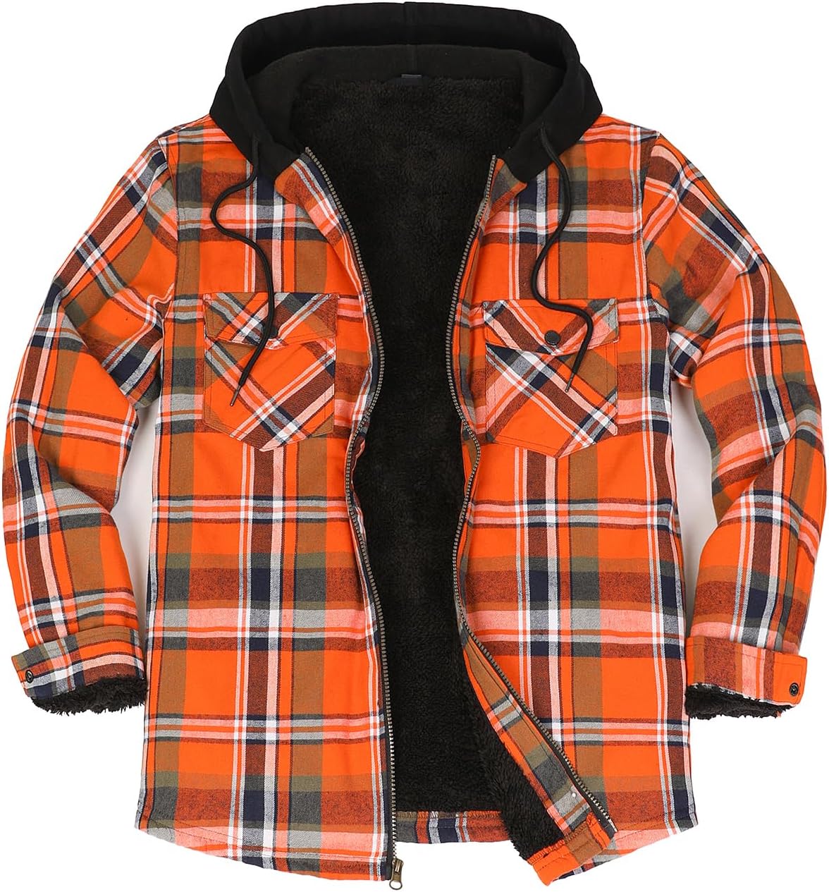 Men's Sherpa Lined Full Zip Hooded Plaid Shirt Jacket