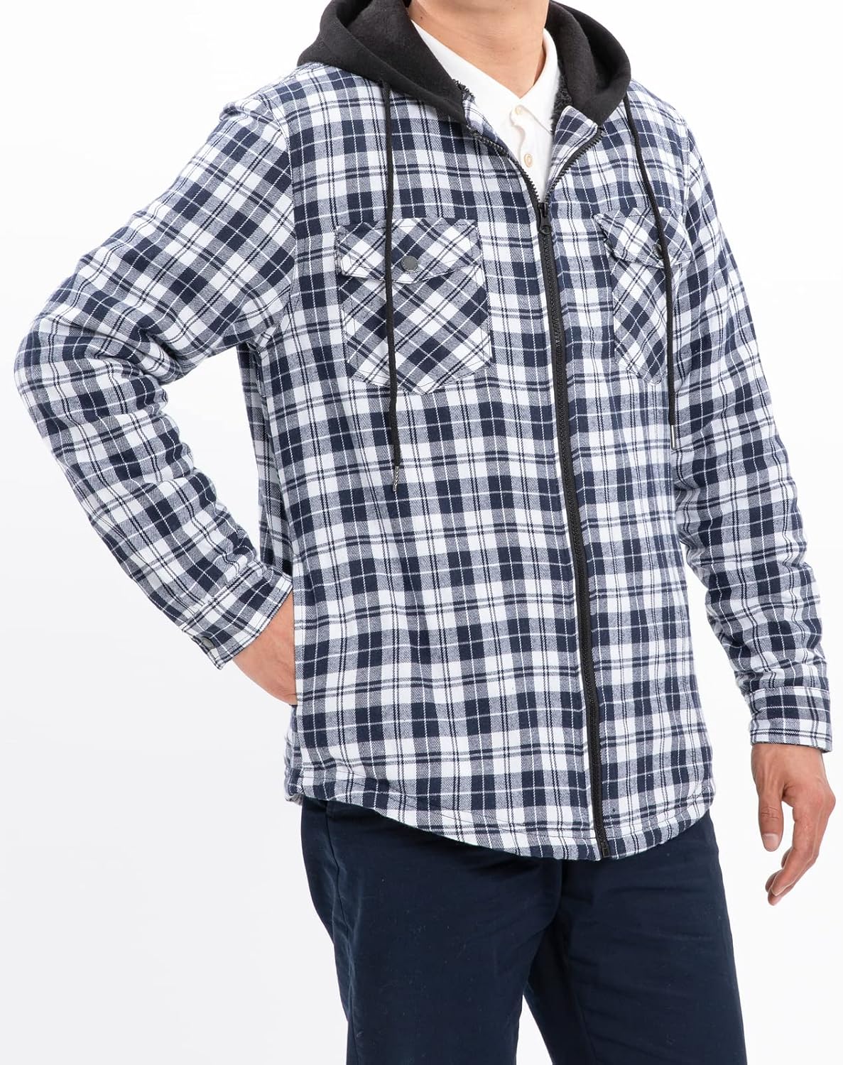 Men's Sherpa Lined Full Zip Hooded Plaid Shirt Jacket
