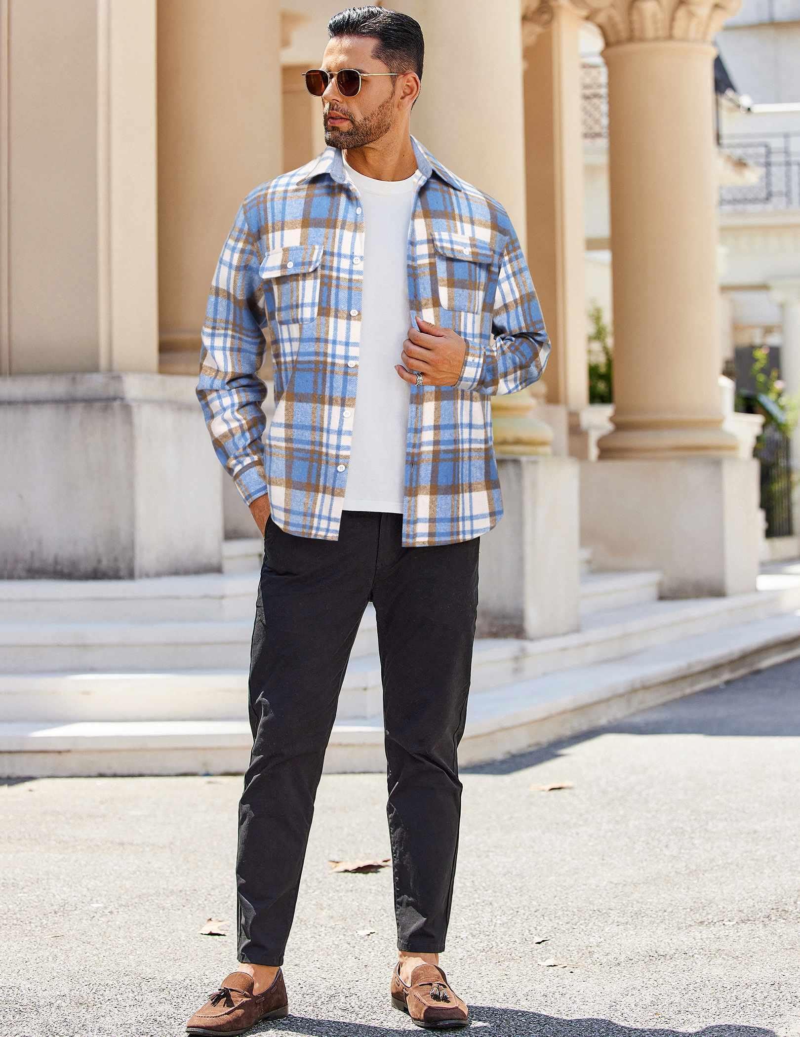 Mens Casual Plaid Flannel Shirt Cotton Long Sleeve Button Down Shirt With Pockets