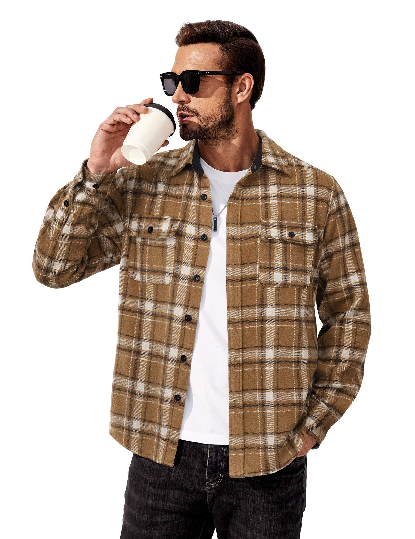 Mens Cotton Plaid Flannel Shirt Long Sleeve Casual Shirt Jacket With Pockets