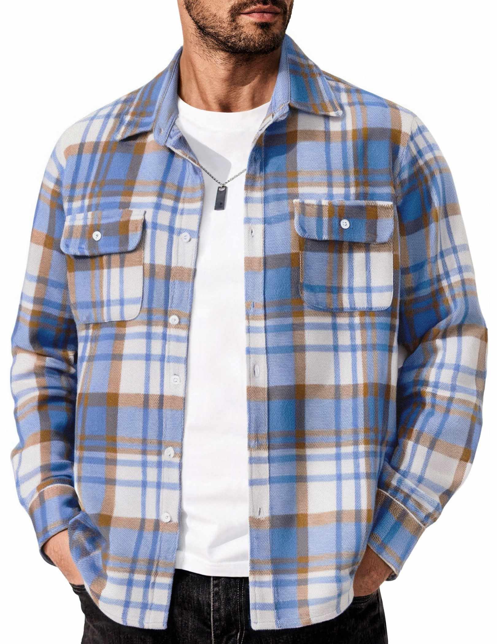 Mens Casual Plaid Flannel Shirt Cotton Long Sleeve Button Down Shirt With Pockets