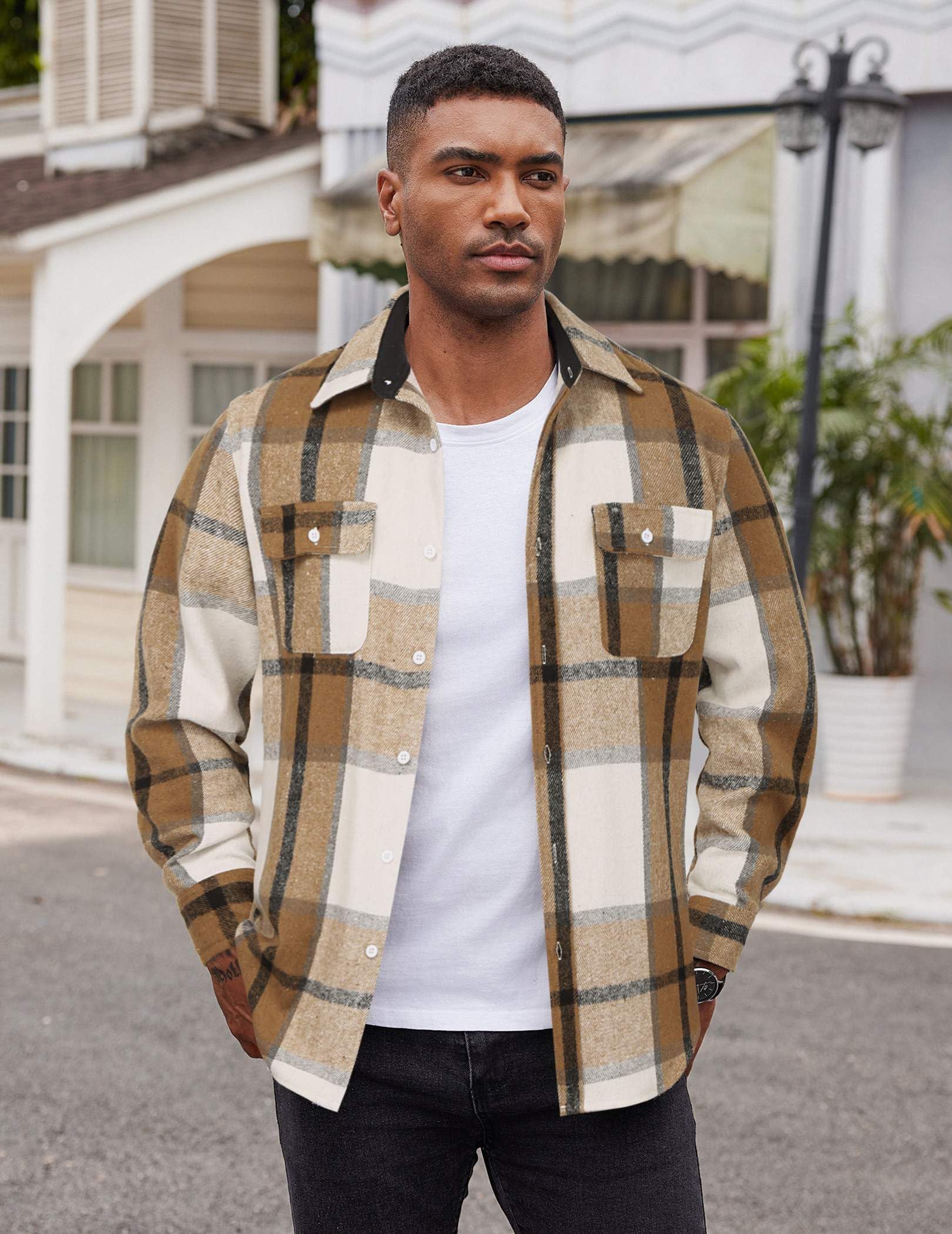 Mens Cotton Plaid Flannel Shirt Casual Long Sleeve Button Down Top