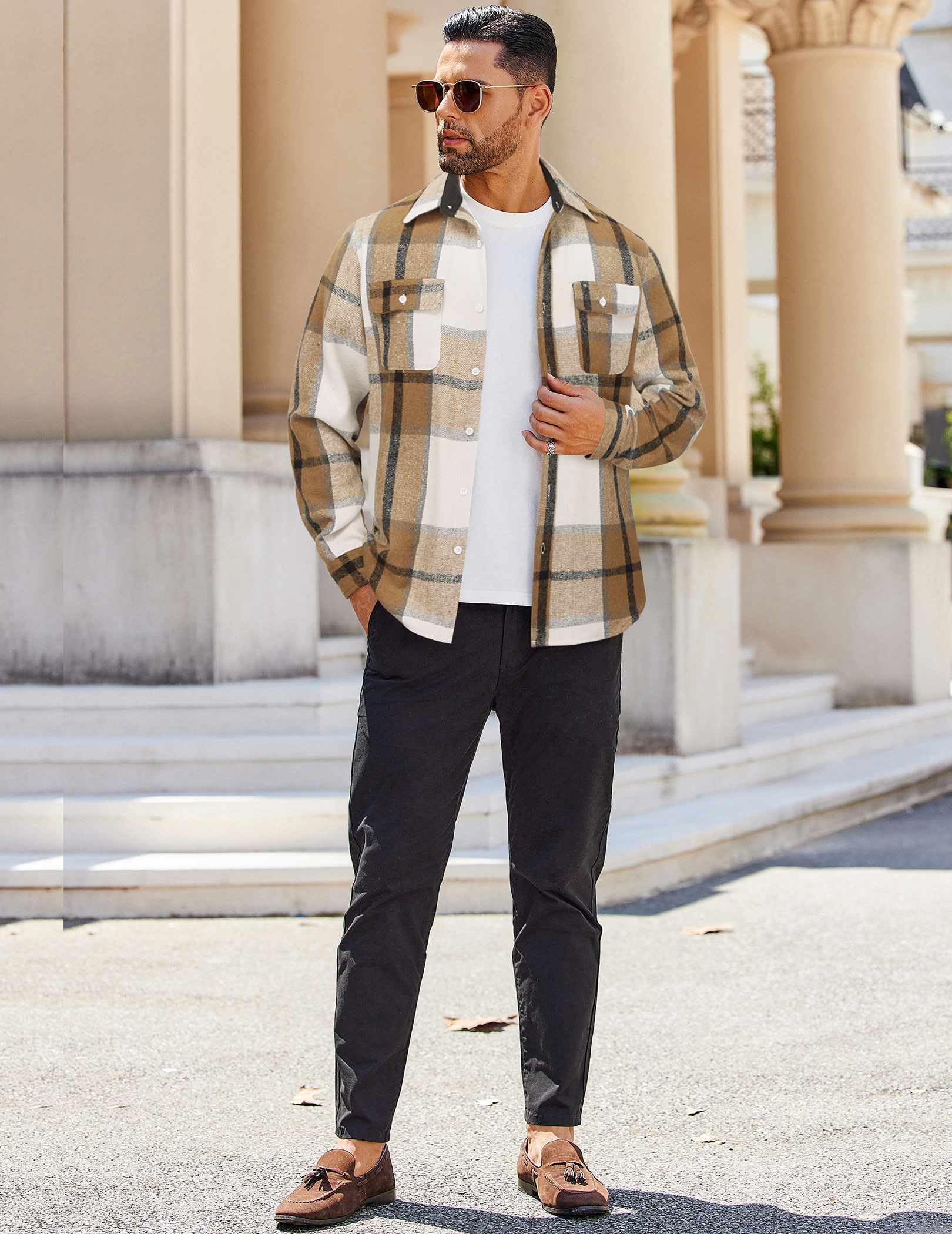 Mens Cotton Plaid Flannel Shirt Casual Long Sleeve Button Down Top