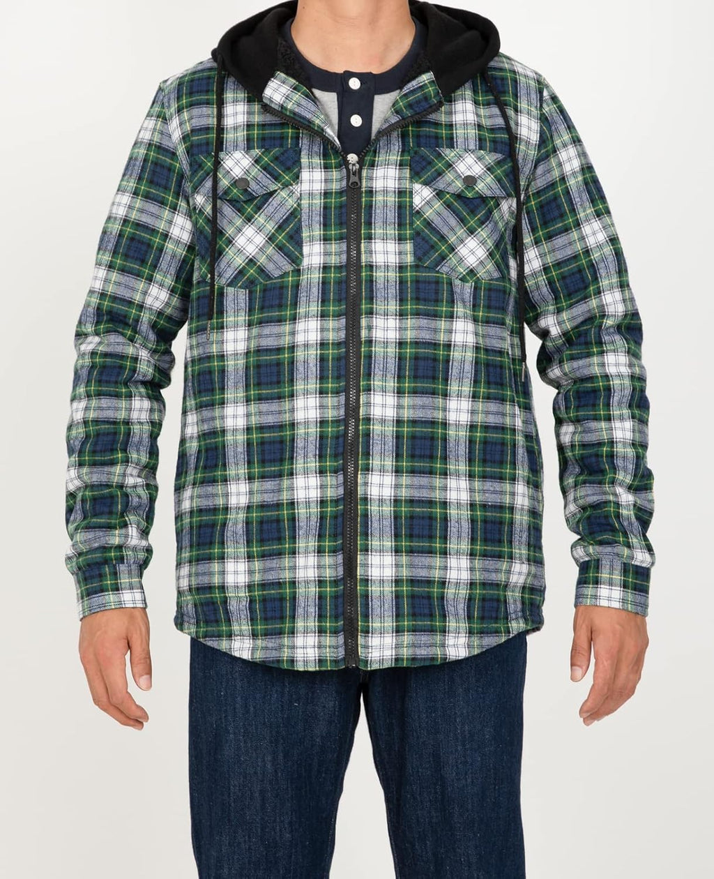 Men's Sherpa Lined Full Zip Hooded Plaid Shirt Jacket