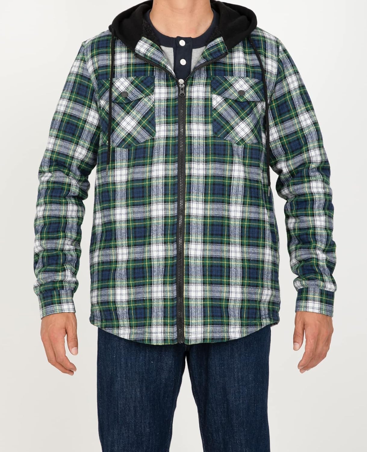 Men's Sherpa Lined Full Zip Hooded Plaid Shirt Jacket