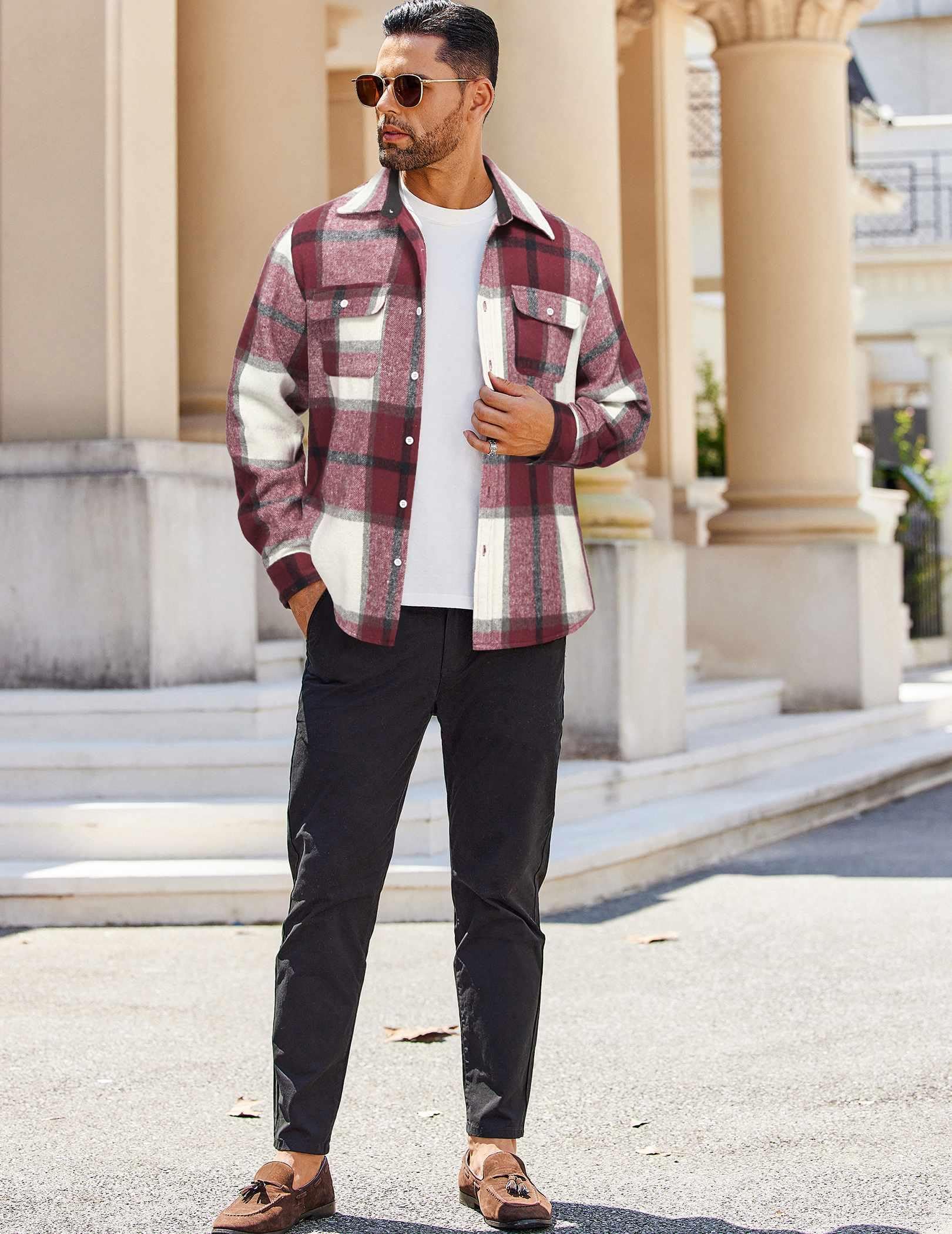 Mens Plaid Flannel Shirt Jacket Cotton Long Sleeve Casual Button Down Shirt