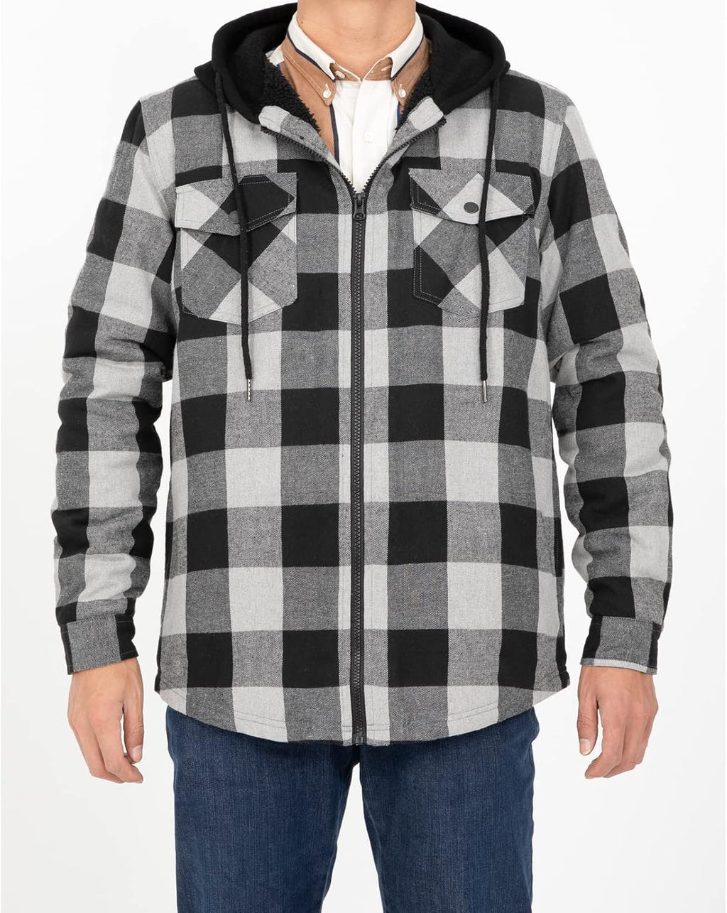 Men's Sherpa Lined Full Zip Hooded Plaid Shirt Jacket