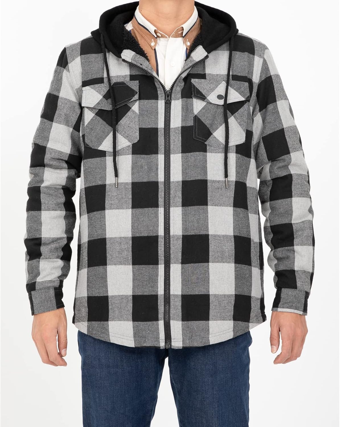 Men's Sherpa Lined Full Zip Hooded Plaid Shirt Jacket