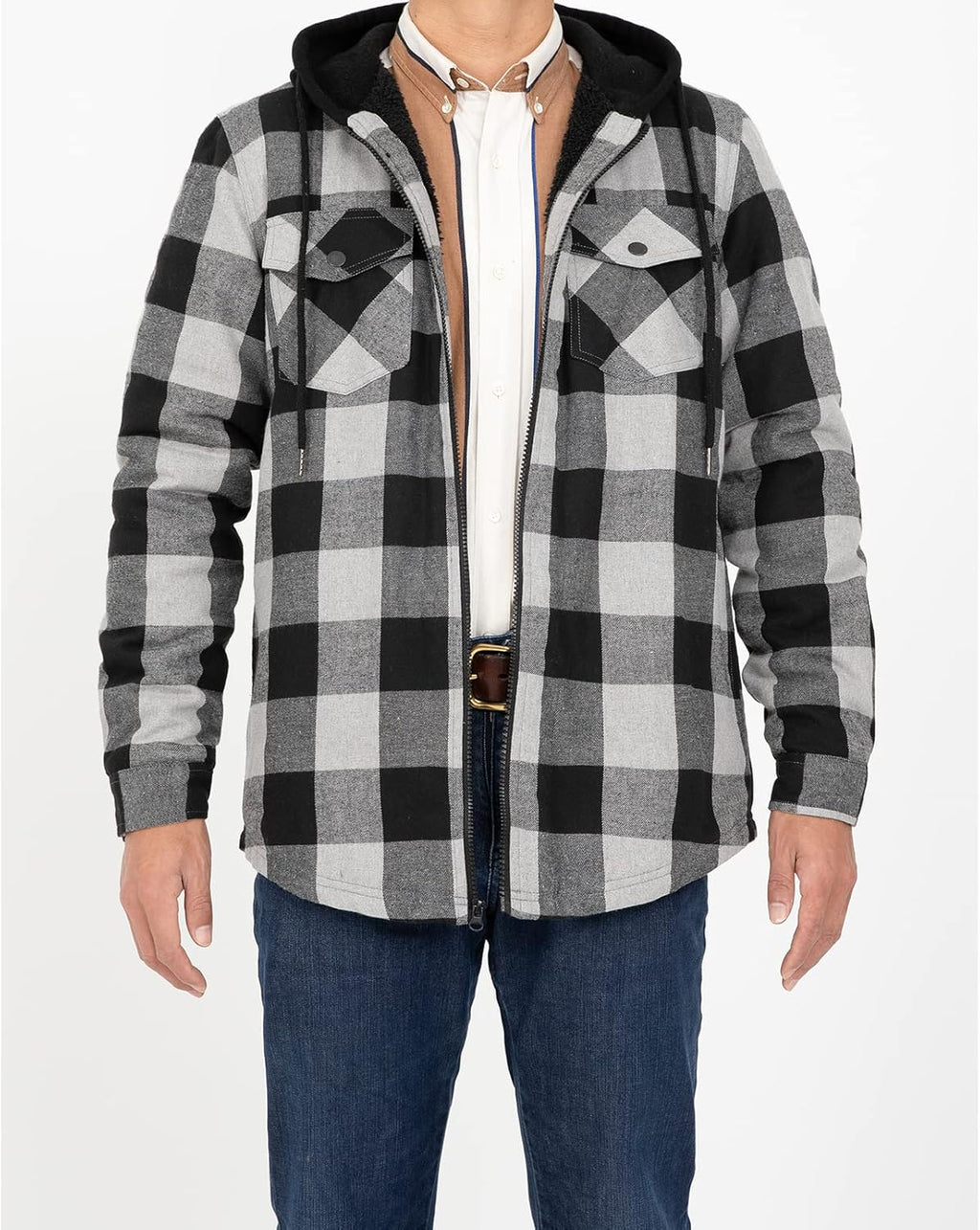 Men's Sherpa Lined Full Zip Hooded Plaid Shirt Jacket