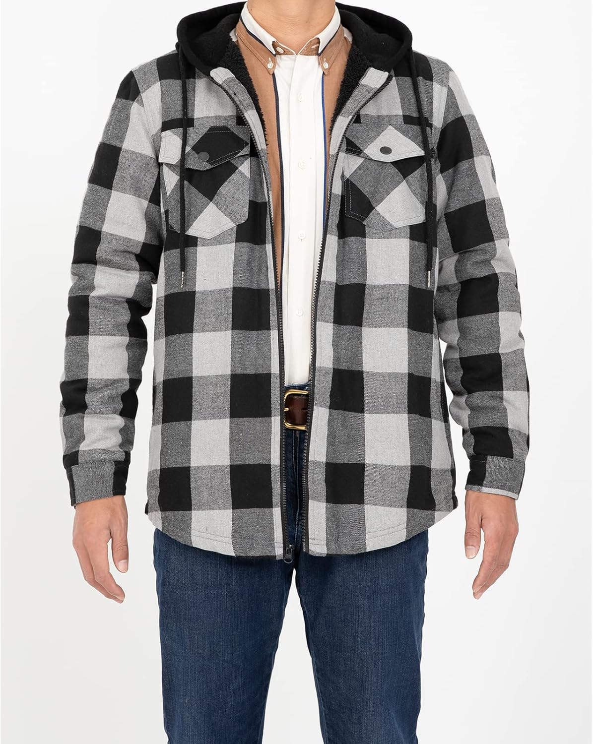 Men's Sherpa Lined Full Zip Hooded Plaid Shirt Jacket