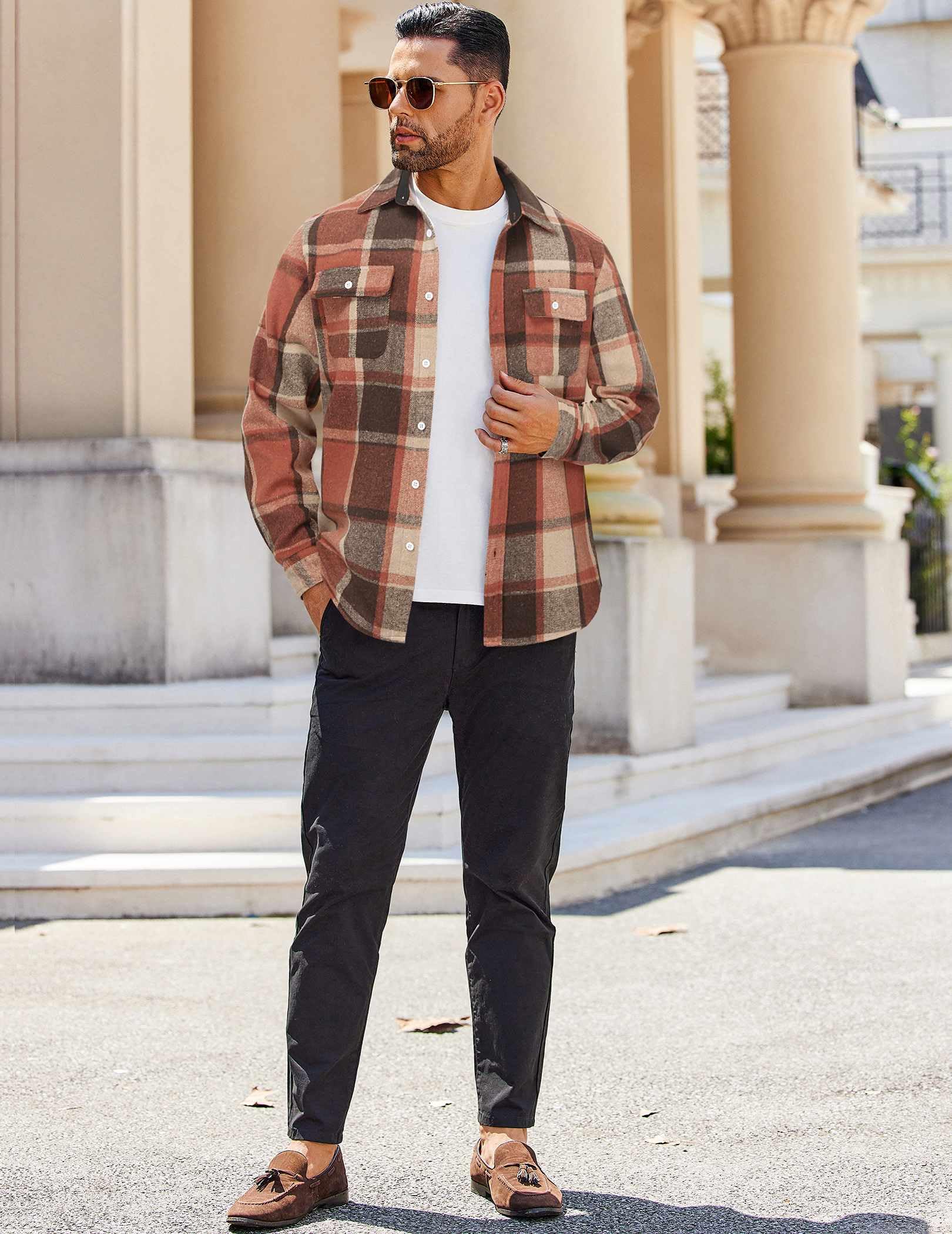 Mens Long Sleeve Cotton Flannel Plaid Shirt Casual Button Down