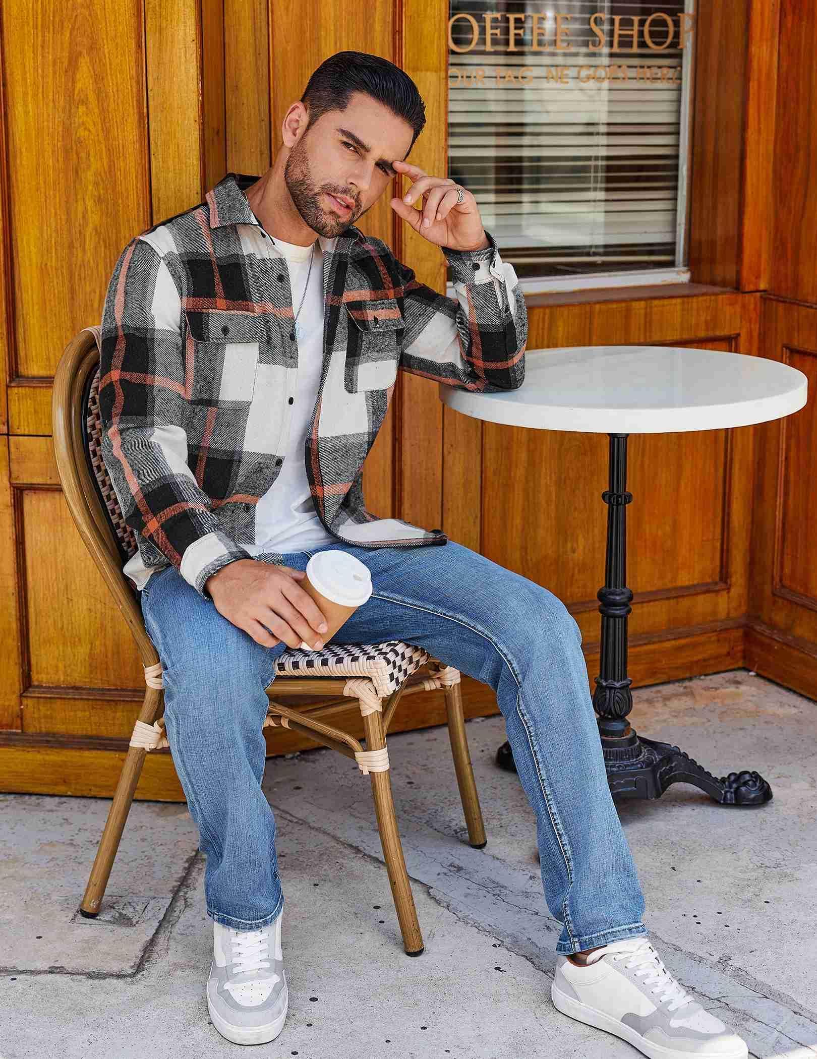 Mens Plaid Flannel Cotton Shirt Long Sleeve Casual Outdoor Shirt