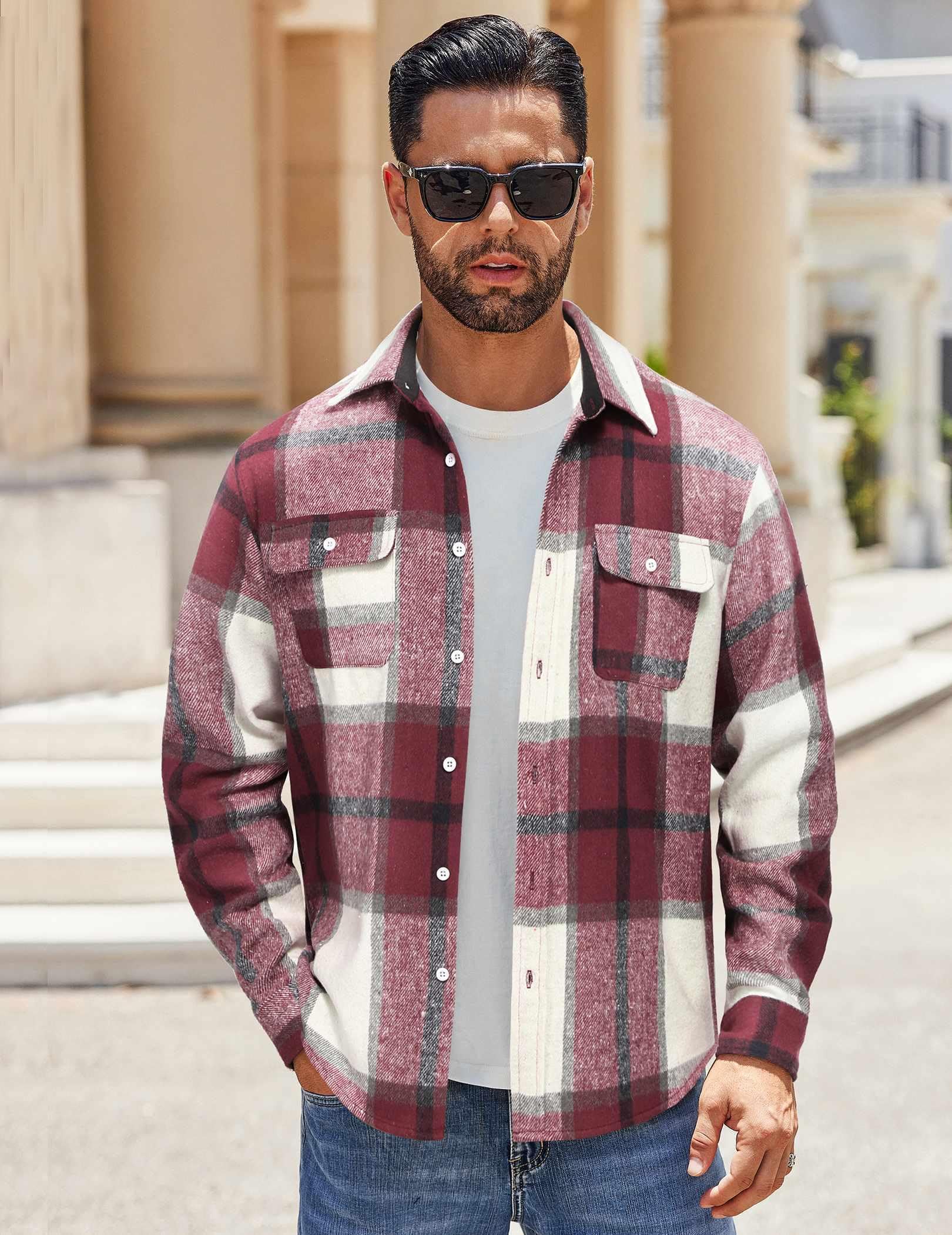 Mens Plaid Flannel Shirt Jacket Cotton Long Sleeve Casual Button Down Shirt