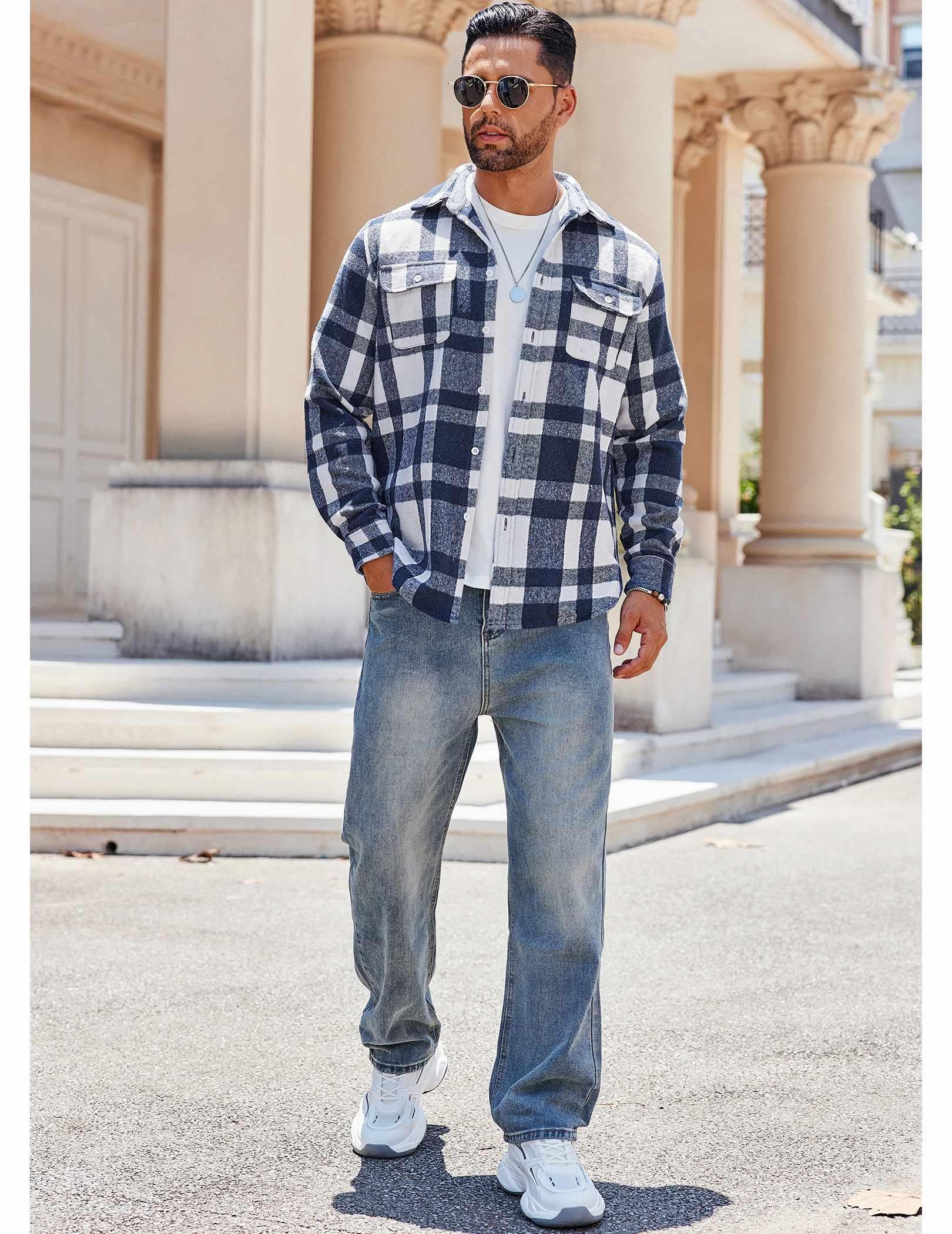 Mens Plaid Cotton Flannel Long Sleeve Shirt Jacket Casual Wear