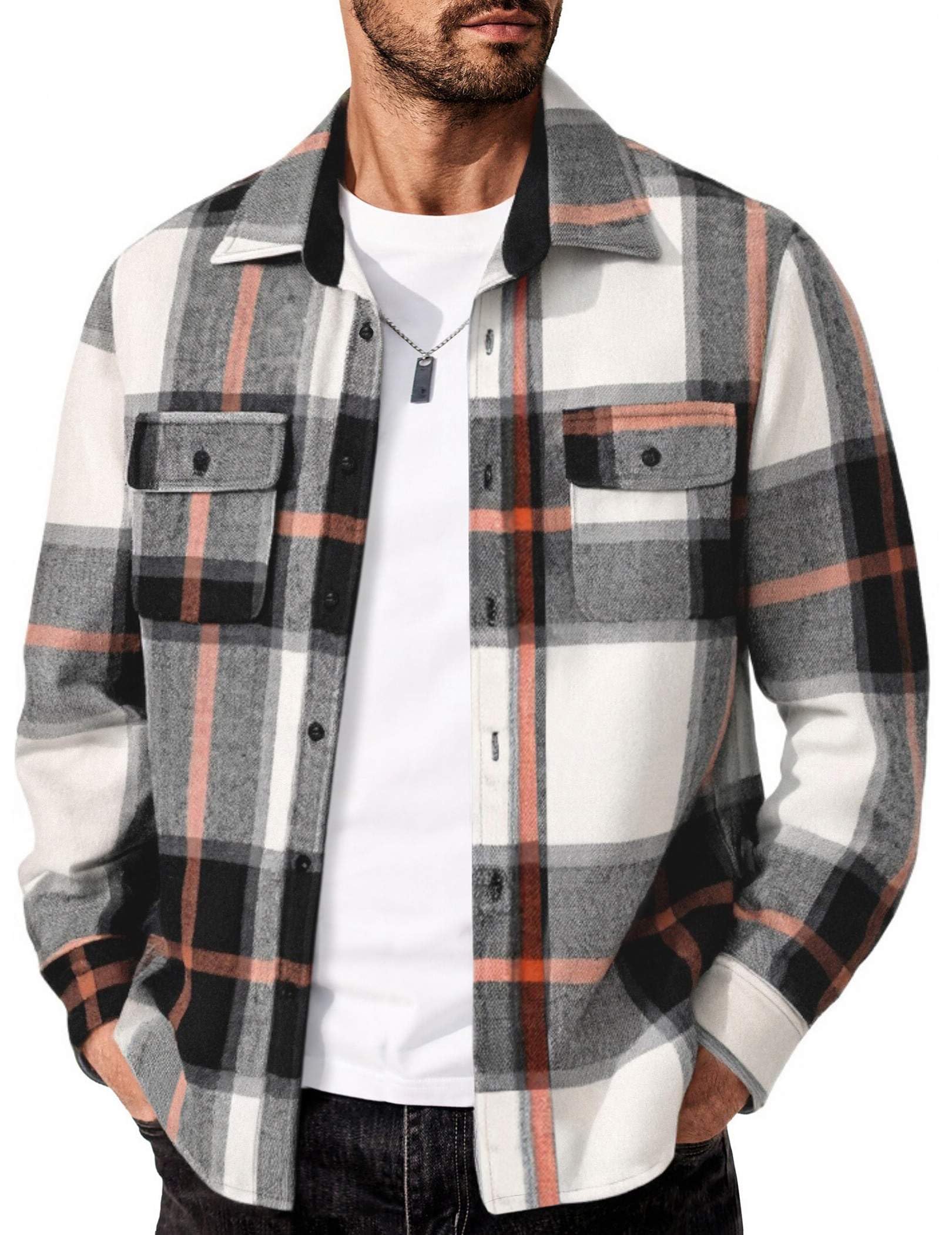 Mens Plaid Flannel Cotton Shirt Long Sleeve Casual Outdoor Shirt
