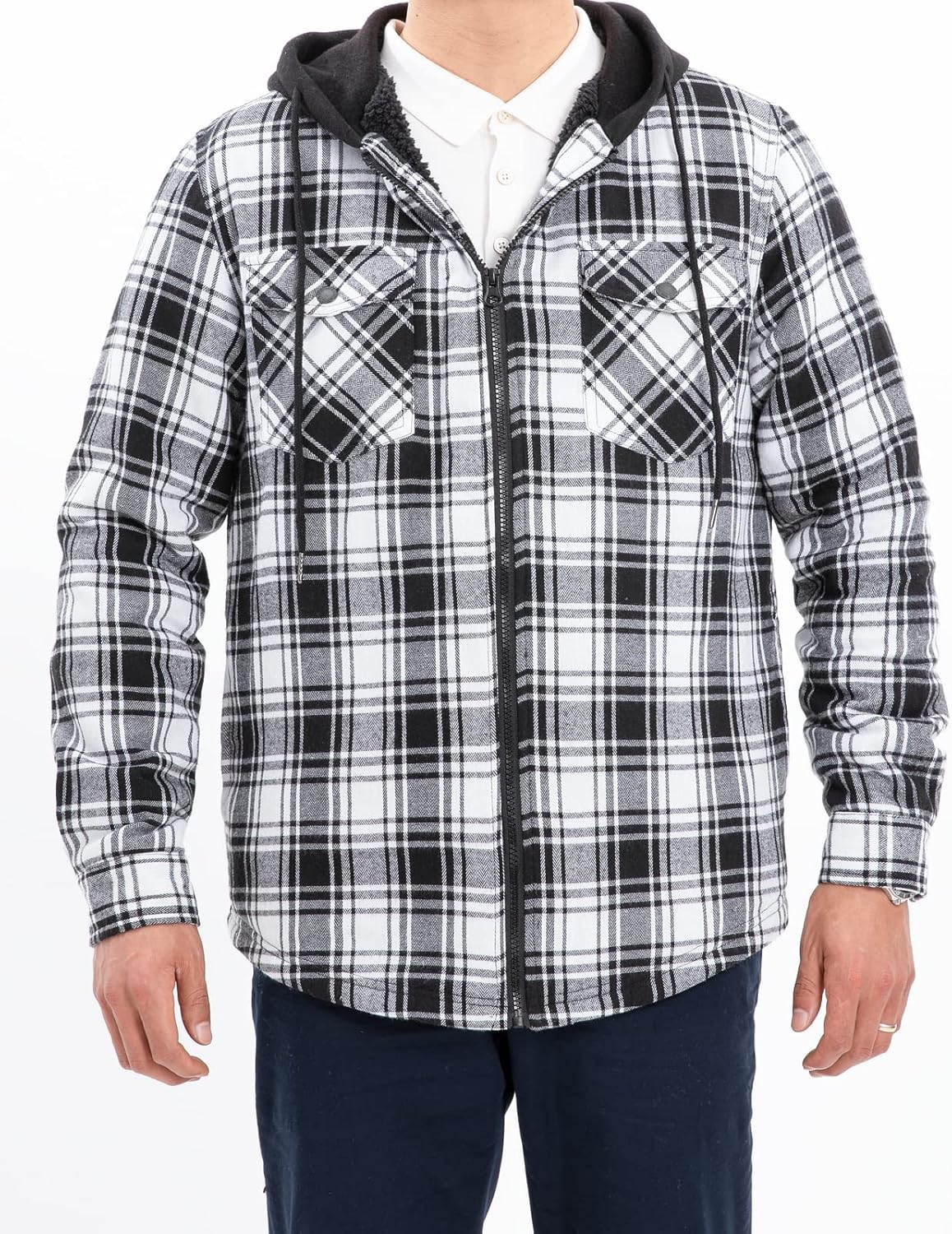 Men's Sherpa Lined Full Zip Hooded Plaid Shirt Jacket