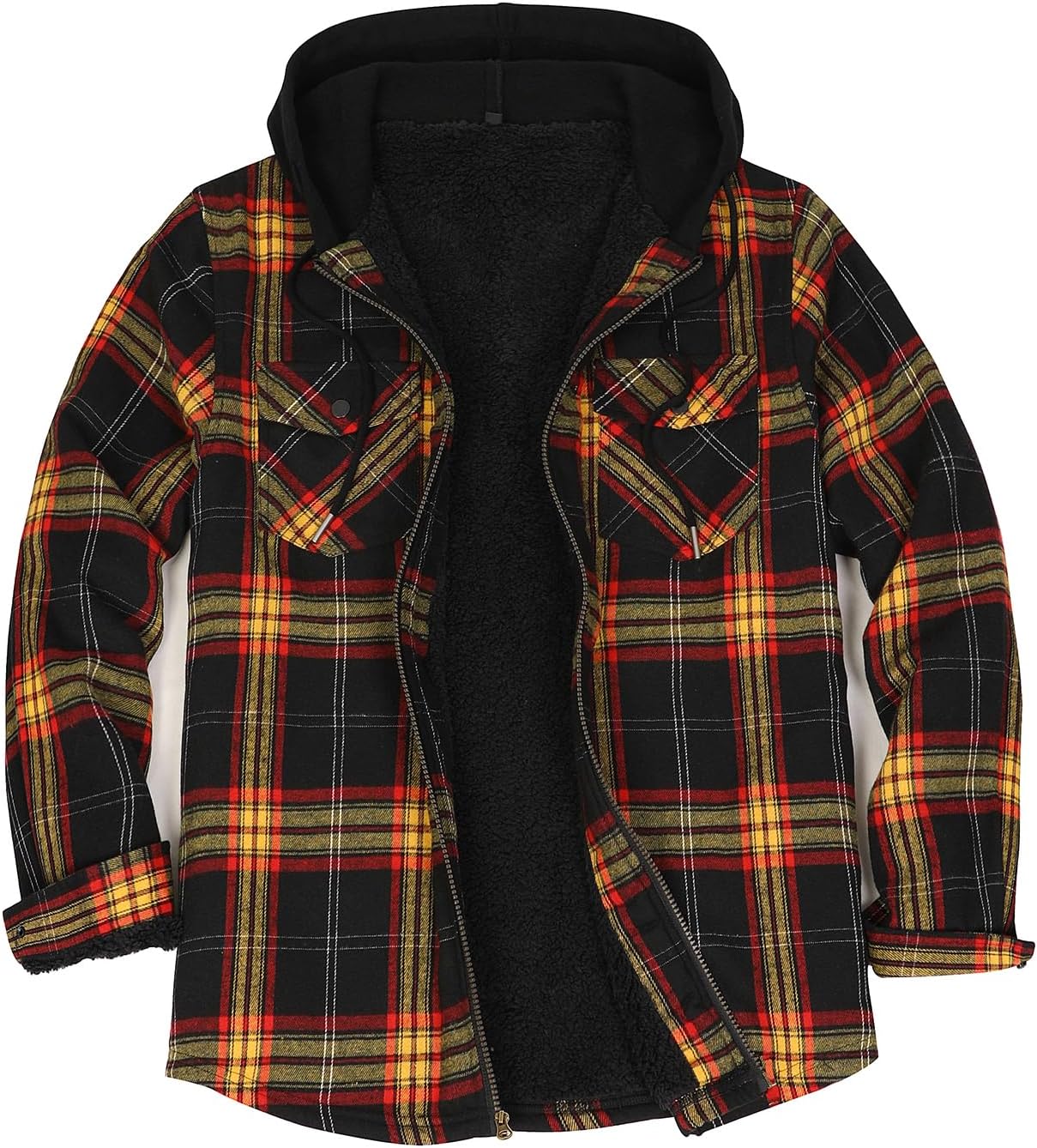 Men's Sherpa Lined Full Zip Hooded Plaid Shirt Jacket
