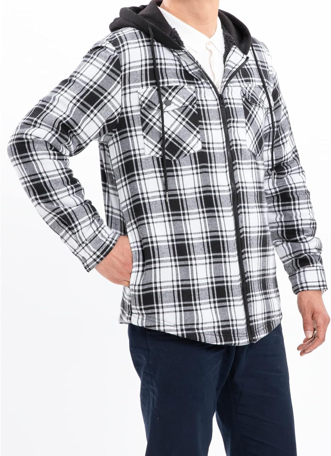 Men's Sherpa Lined Full Zip Hooded Plaid Shirt Jacket