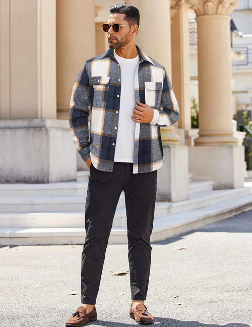 Mens Casual Flannel Shirt Cotton Plaid Long Sleeve Button Down Shirt