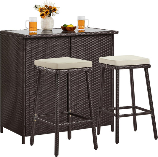 3 Piece Outdoor Wicker Bar Set with Glass Table Stools and Cushions Brown