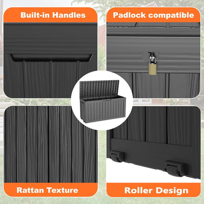 100 Gallon Resin Deck Box Lockable Waterproof Outdoor Storage Black