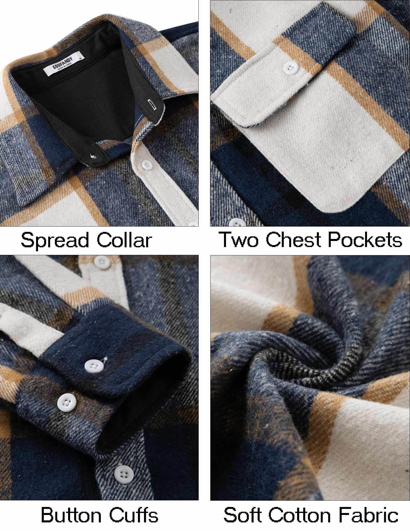 Mens Casual Flannel Shirt Cotton Plaid Long Sleeve Button Down Shirt