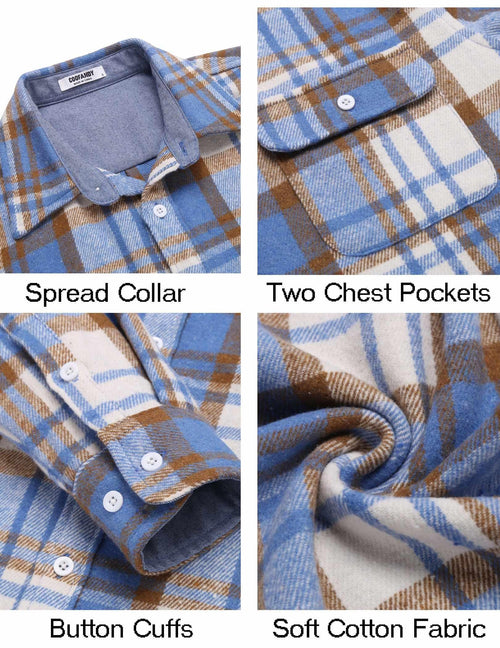 Mens Casual Plaid Flannel Shirt Cotton Long Sleeve Button Down Shirt With Pockets