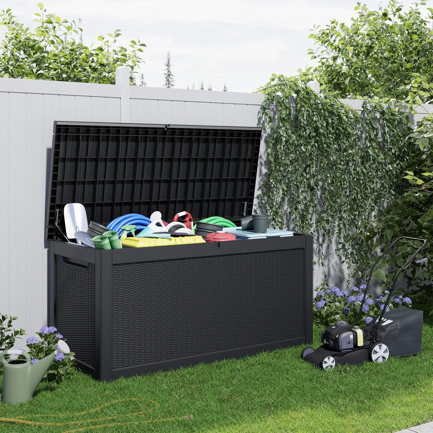 100 Gallon Resin Deck Box Lockable Waterproof Outdoor Storage Black