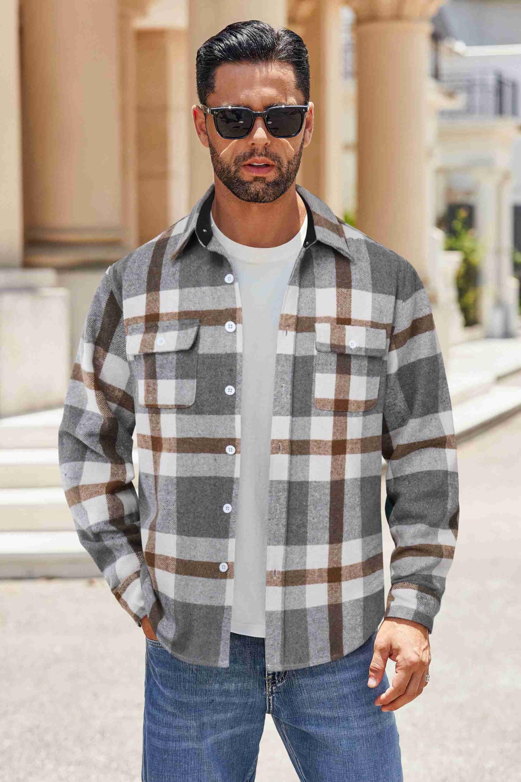 Mens Cotton Flannel Plaid Shirt Long Sleeve Button Down Shirt Jacket
