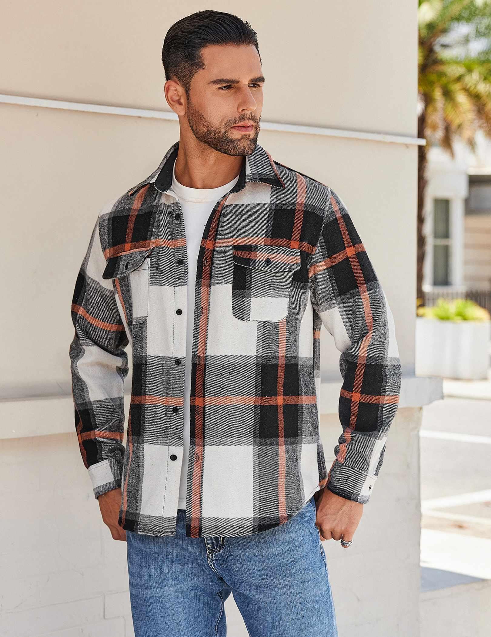 Mens Plaid Flannel Cotton Shirt Long Sleeve Casual Outdoor Shirt