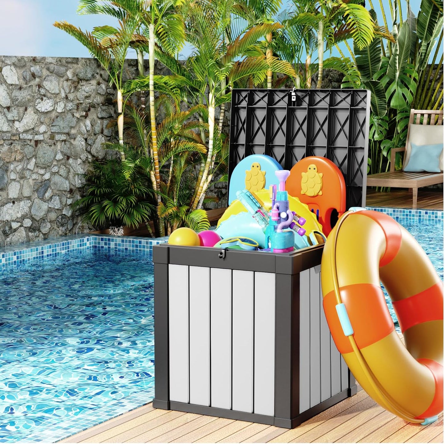 100 Gallon Resin Deck Box Lockable Waterproof Outdoor Storage Black