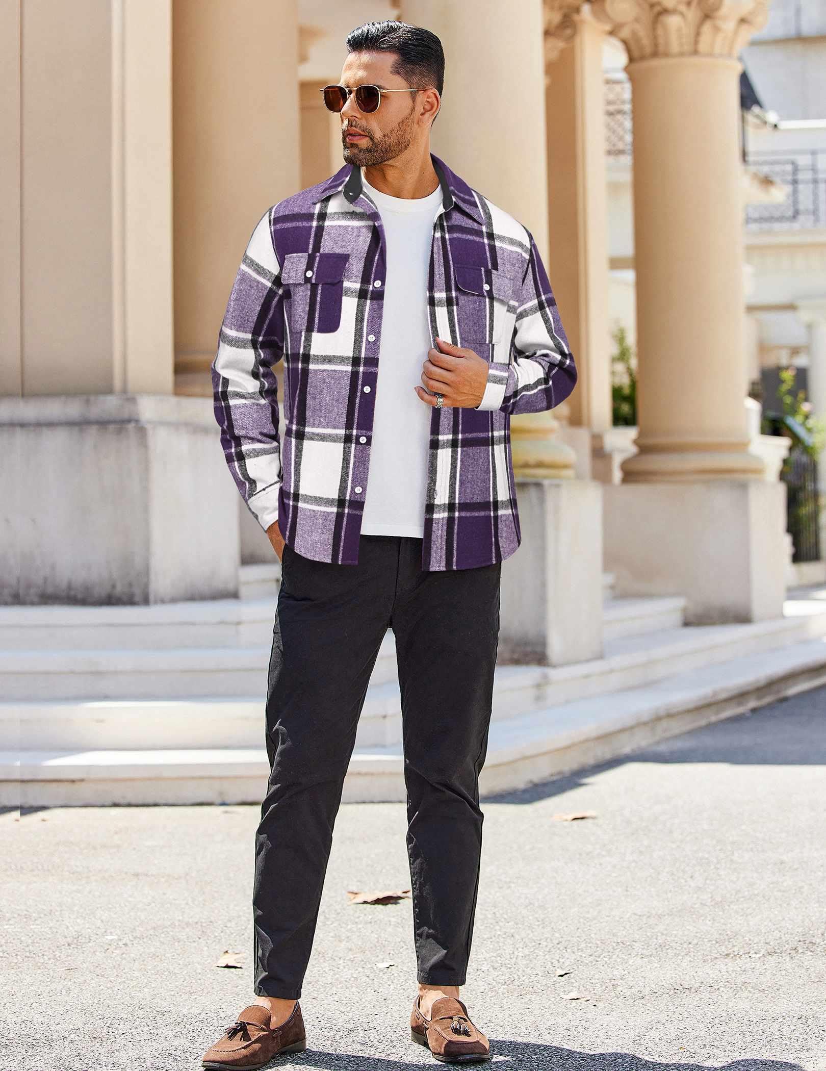 Mens Flannel Shirt Long Sleeve Cotton Plaid Casual Button Down With Pockets
