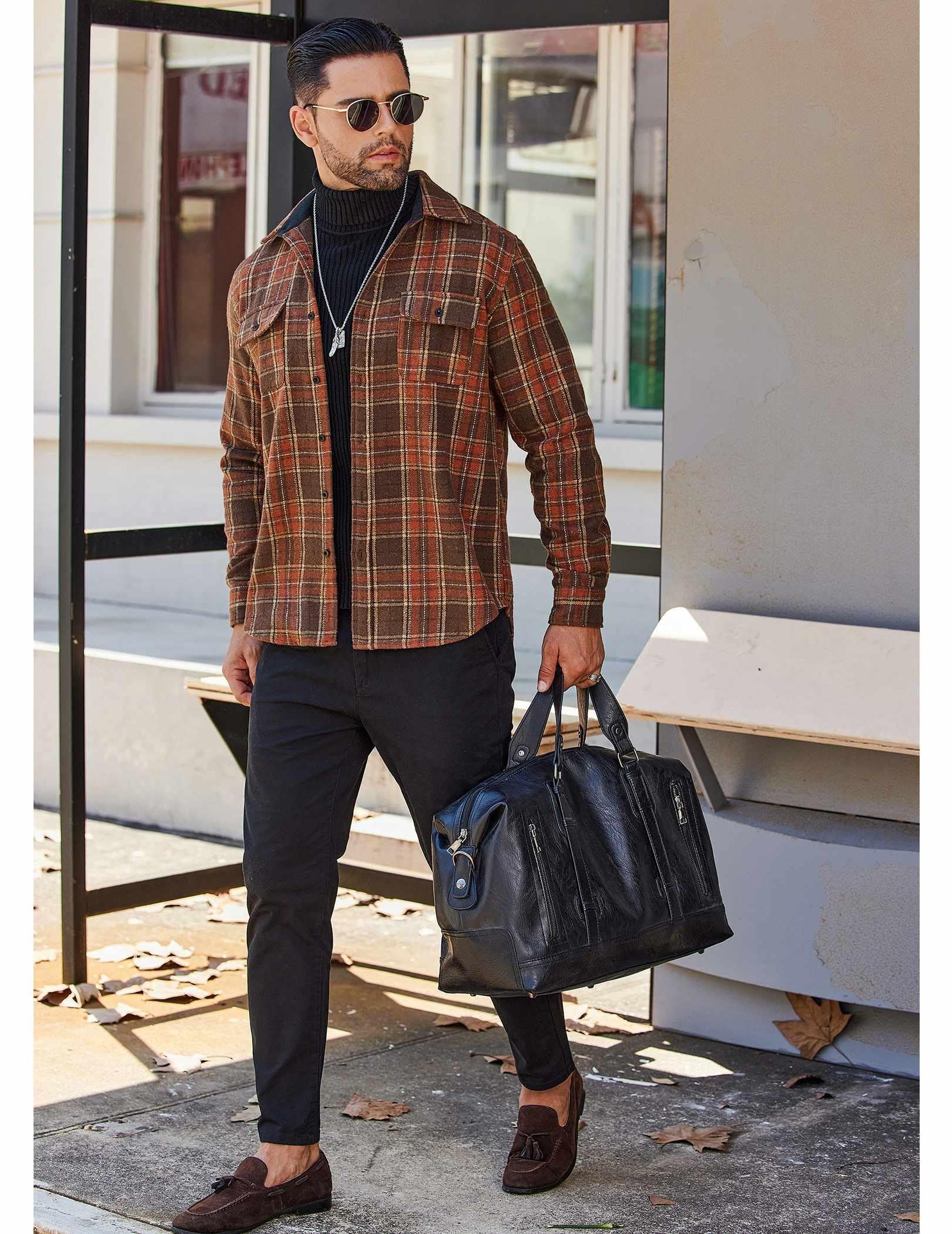 Mens Long Sleeve Flannel Shirt Cotton Plaid Casual Button Down Top
