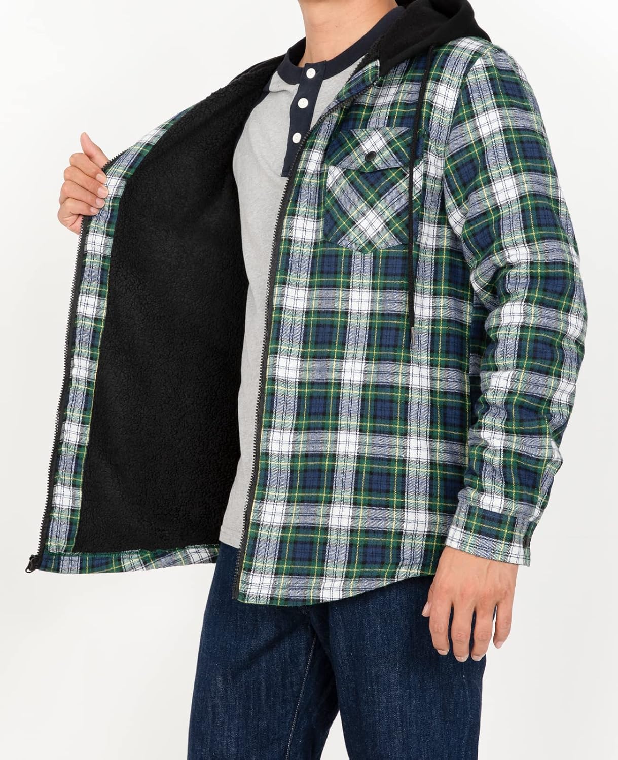 Men's Sherpa Lined Full Zip Hooded Plaid Shirt Jacket