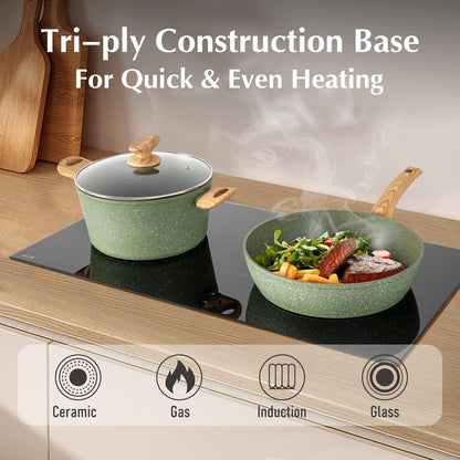 12 Piece Green Granite Nonstick Pots and Pans Set Induction Compatible Cookware