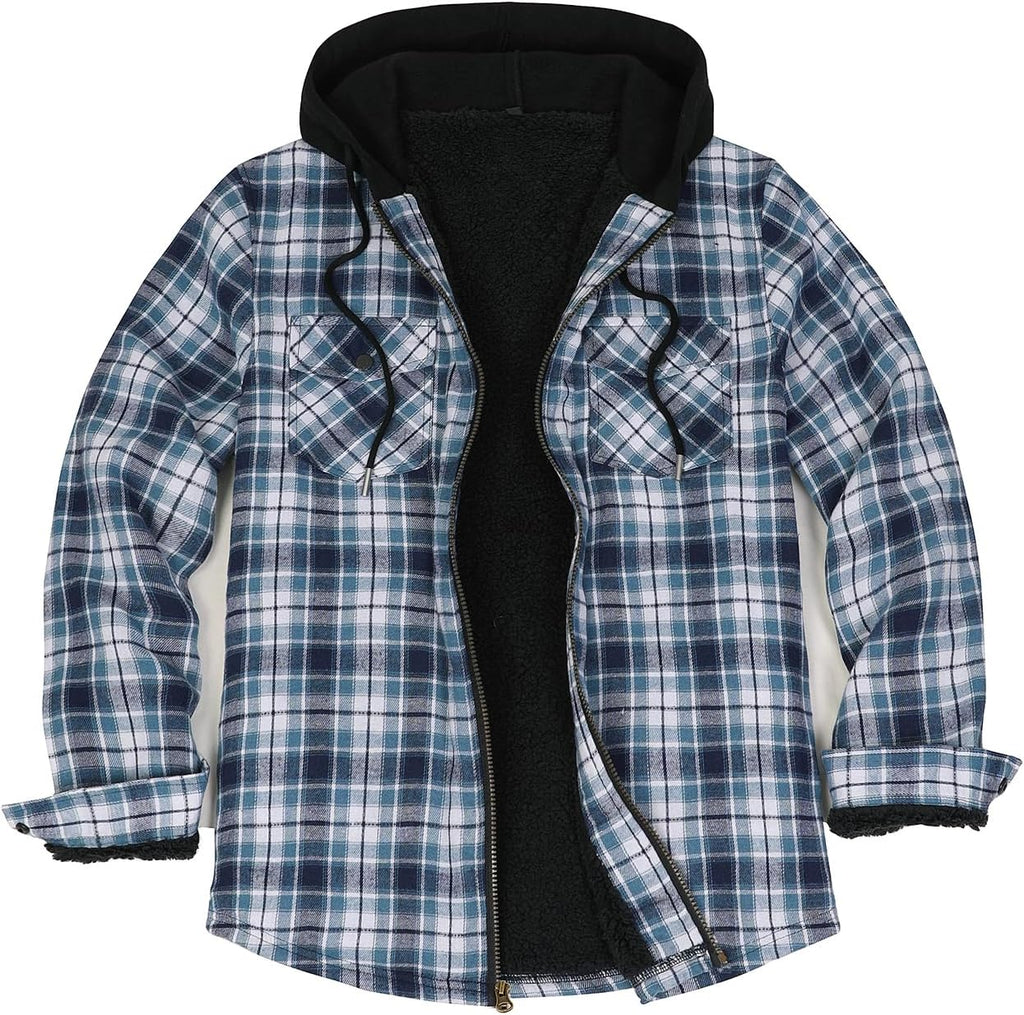 Men's Sherpa Lined Full Zip Hooded Plaid Shirt Jacket