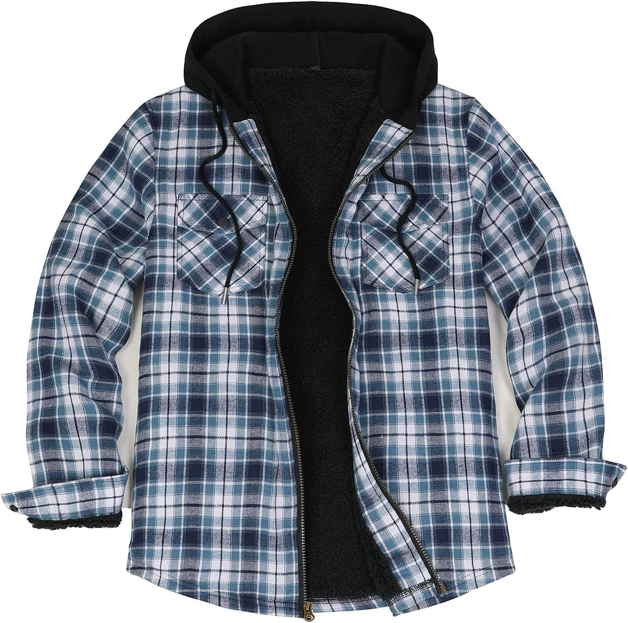 Men's Sherpa Lined Full Zip Hooded Plaid Shirt Jacket