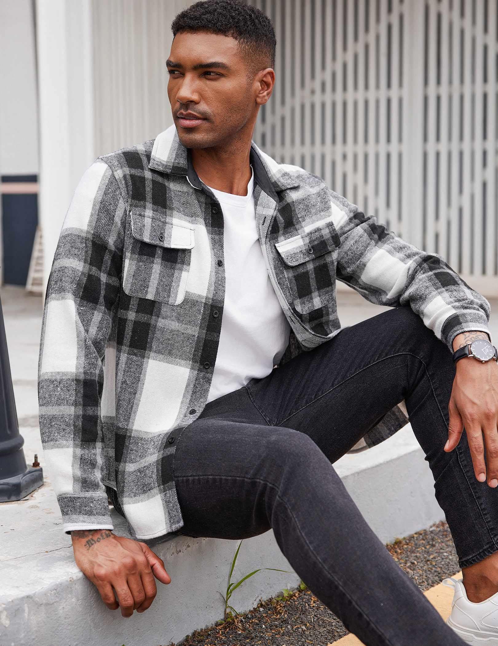 Mens Cotton Plaid Flannel Shirt Long Sleeve Casual Button Down Shirt Jacket