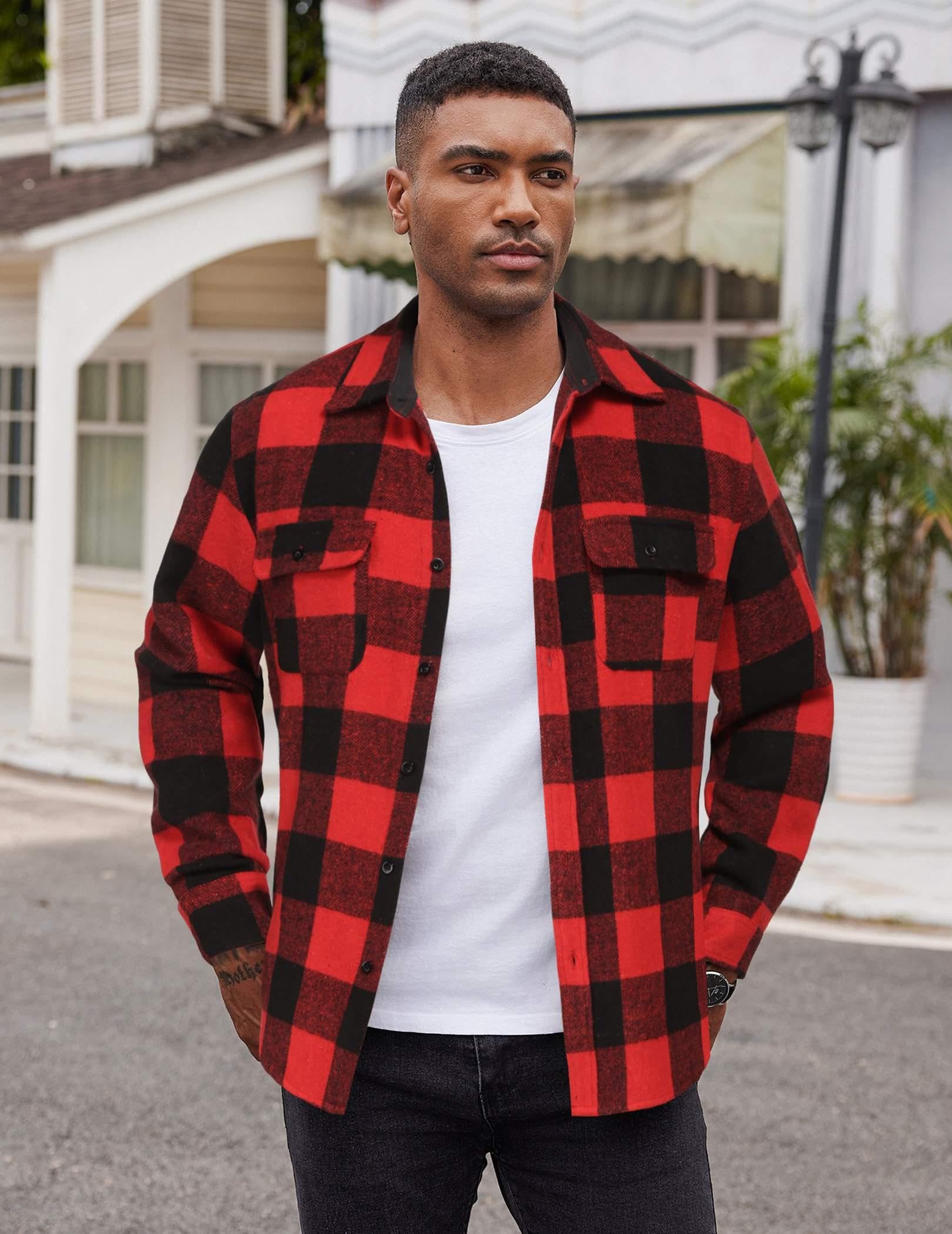 Mens Cotton Plaid Flannel Shirt Jacket Long Sleeve Casual Work Shirt