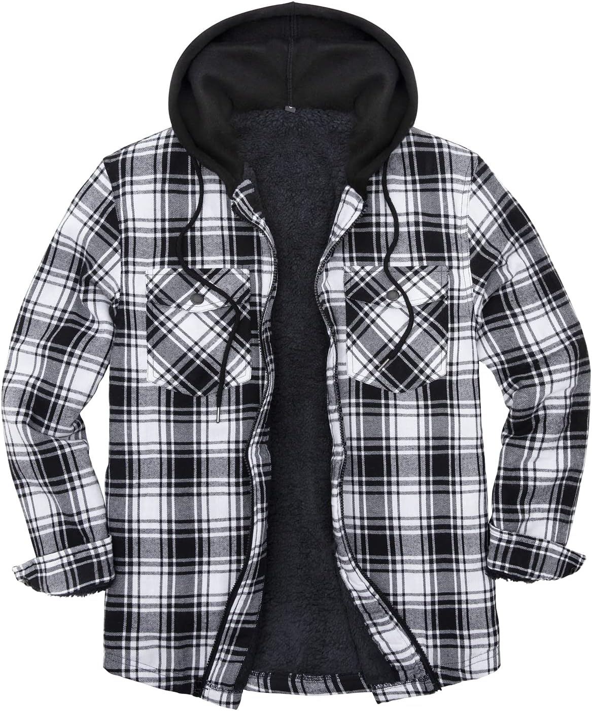 Men's Sherpa Lined Full Zip Hooded Plaid Shirt Jacket