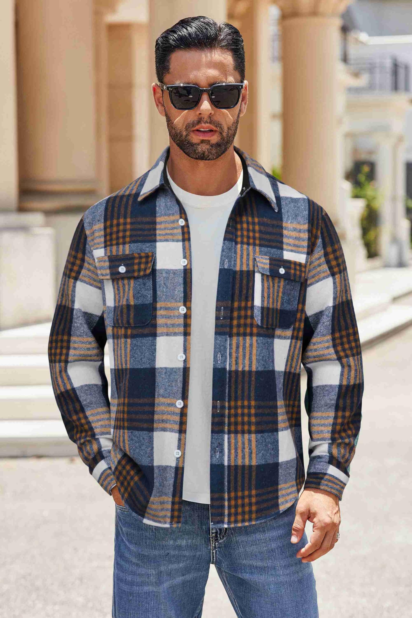 Mens Cotton Flannel Shirt Long Sleeve Plaid Button Down Casual Shirt Jacket