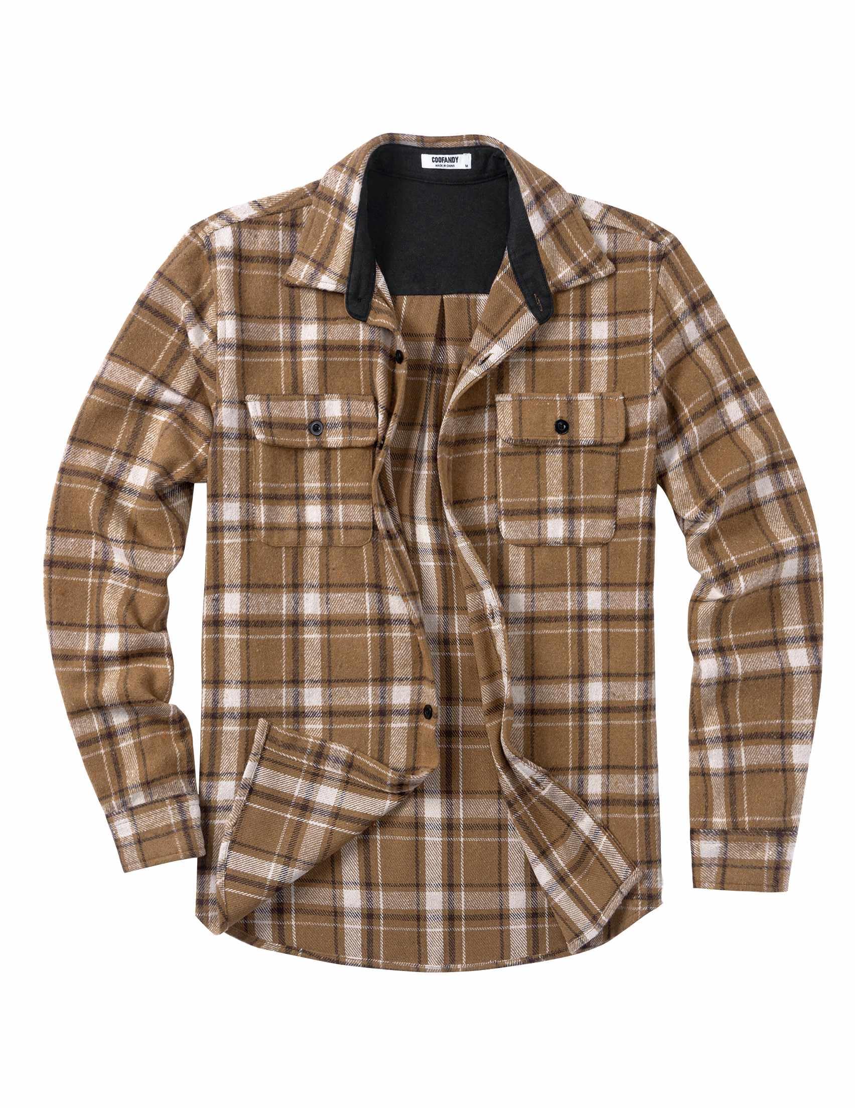 Mens Cotton Plaid Flannel Shirt Long Sleeve Casual Shirt Jacket With Pockets