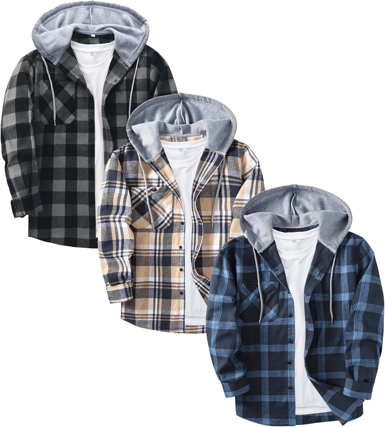 3 Pack Men's Flannel Hoodie Shirts Long Sleeve