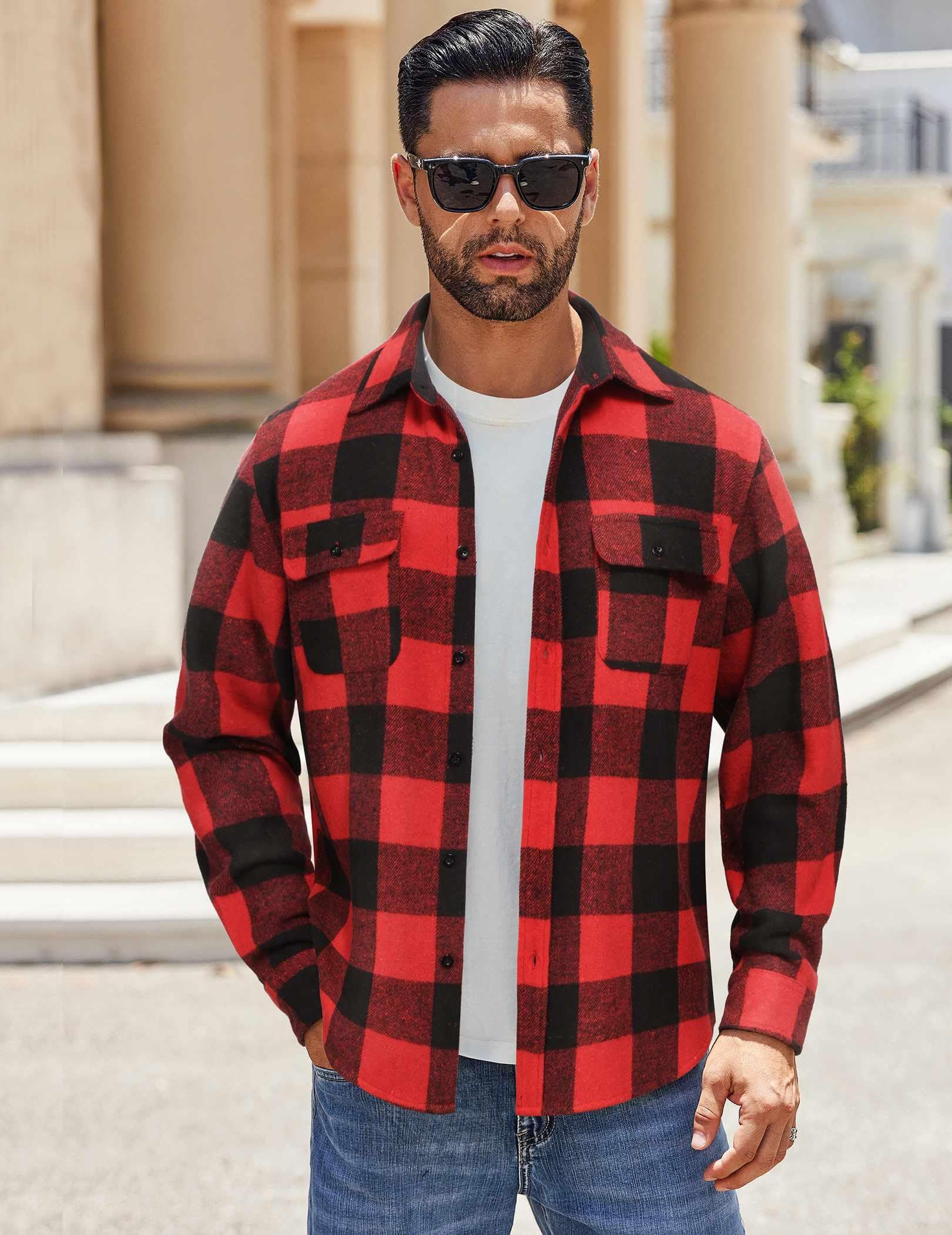 Mens Cotton Plaid Flannel Shirt Jacket Long Sleeve Casual Work Shirt