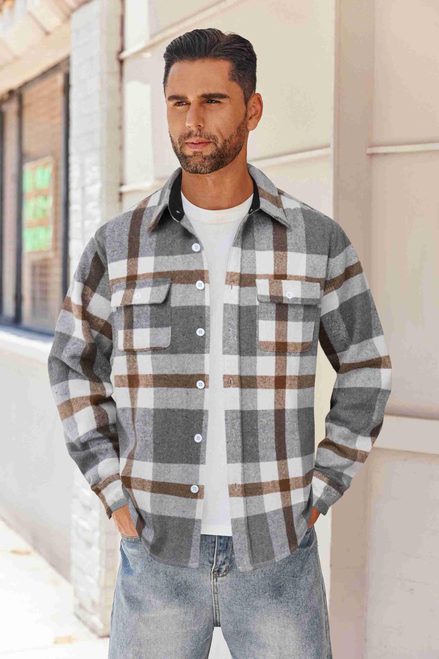 Mens Cotton Flannel Plaid Shirt Long Sleeve Button Down Shirt Jacket