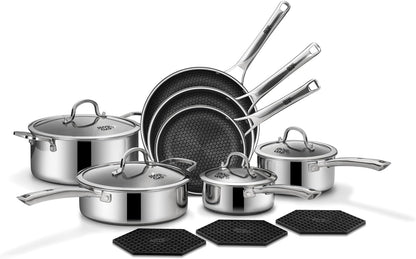 14 Piece Non Stick Pots and Pans Set Stainless Steel Cookware PFOA Free Induction