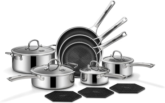14 Piece Non Stick Pots and Pans Set Stainless Steel Cookware PFOA Free Induction