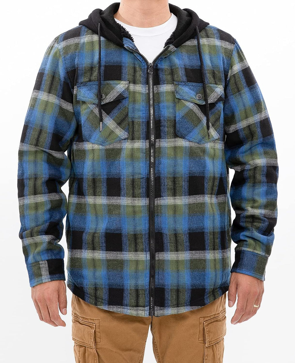 Men's Sherpa Lined Full Zip Hooded Plaid Shirt Jacket